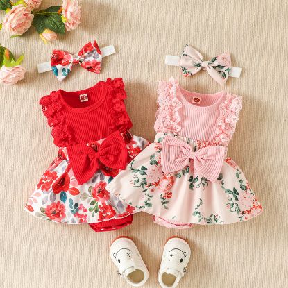 Picture of Baby Girl Sleeveless Lace Floral Romper Dress with Headband (0 to 12 months)